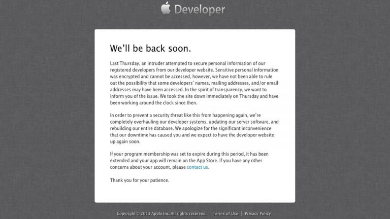 Apple Developer Site Taken Down After Hacking Threat