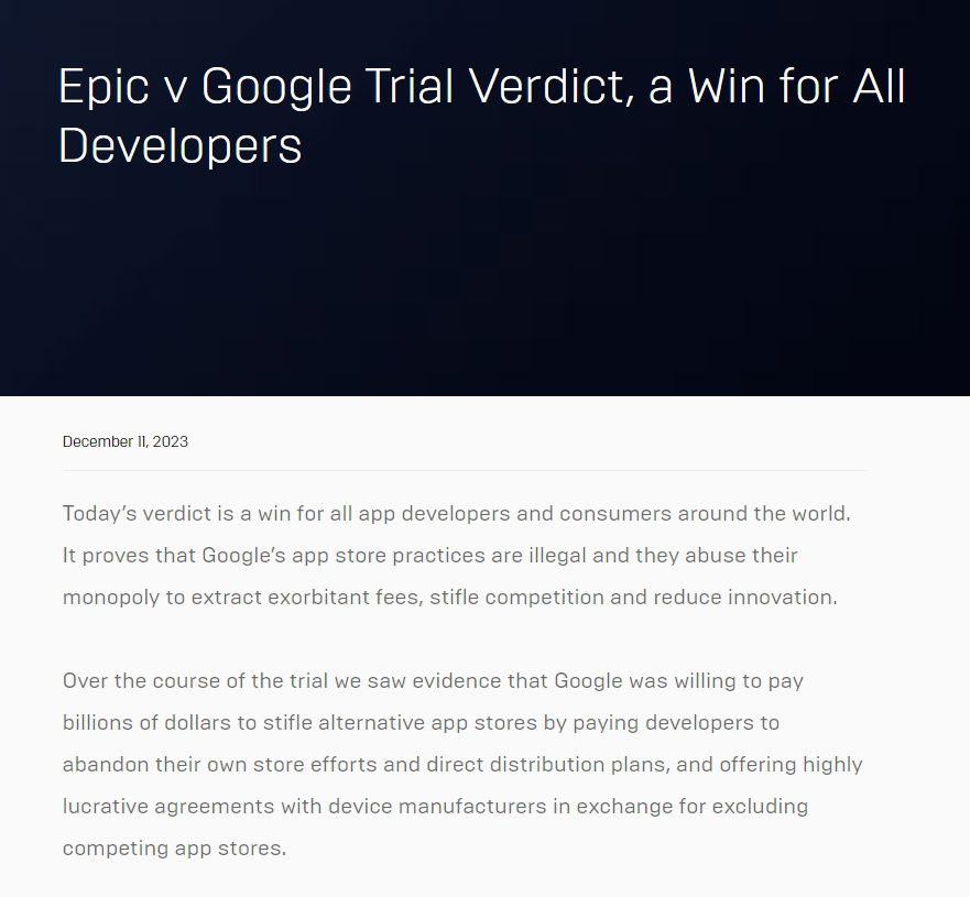 Epic Wins Against Google In Suit About App Store Monopolies